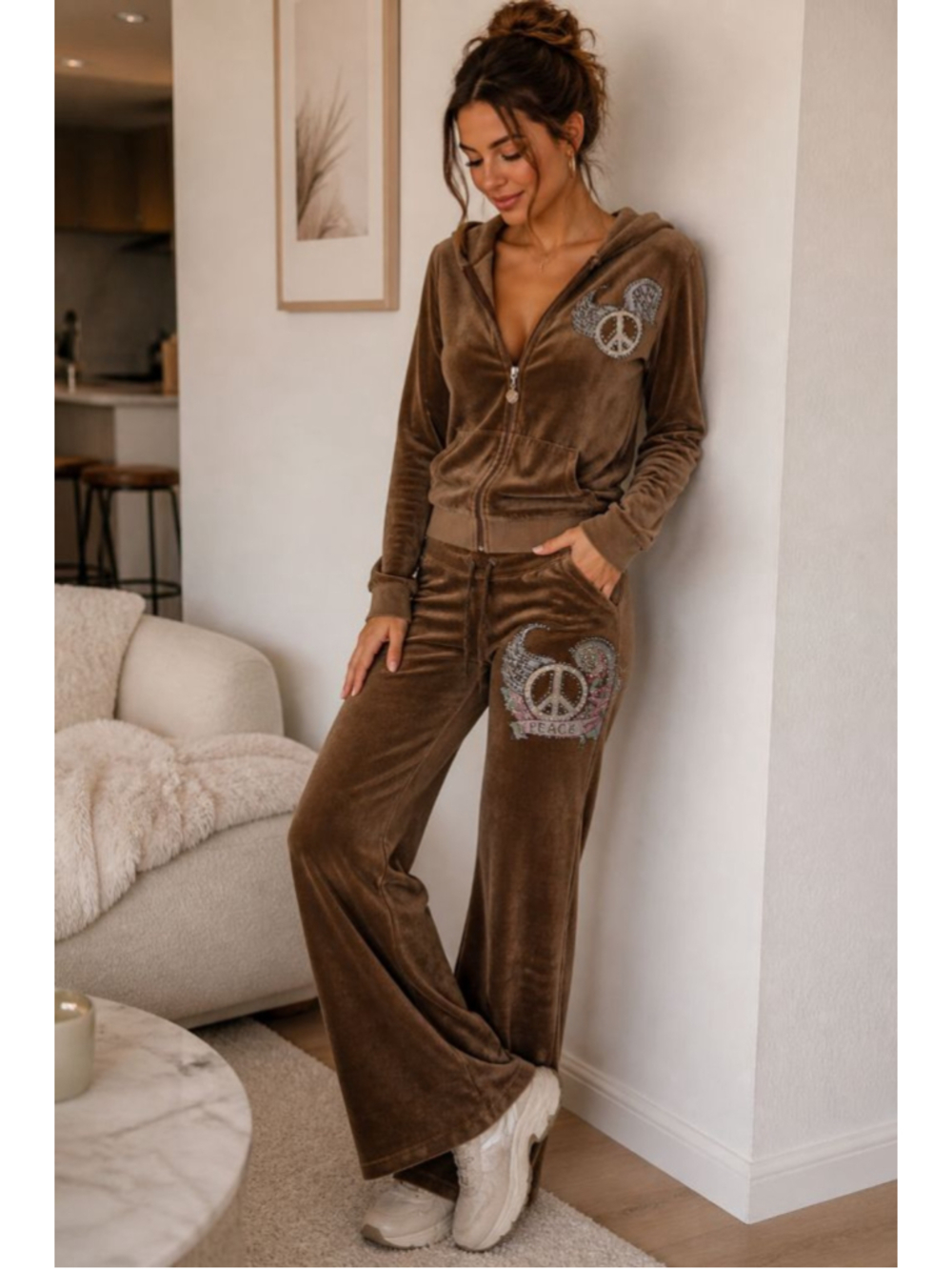 Y2K Velour Set Brown Peace Angel Rhinestone Hoodie Wide Leg Lounge Tracksuit M